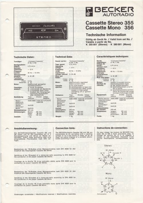 Broschüre Becker Cassette Stereo/Mono