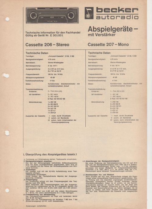 Becker Abspielgeräte mit Verstärker Cassette 206 // Cassette 207